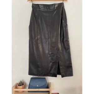 Cerruti 1881 Vintage Black Leather Midi‎ Skirt Button Size 7 Holiday Ready